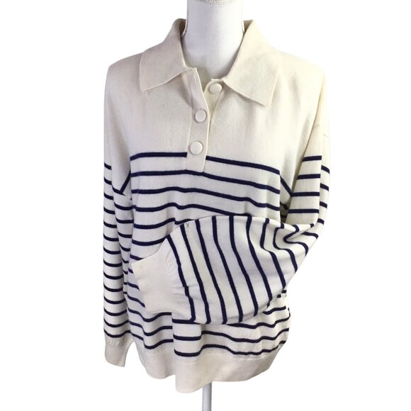 Paris Atelier & Other Stories Wool Sweater Striped Button Henley Large Ivory - Picture 2 of 10